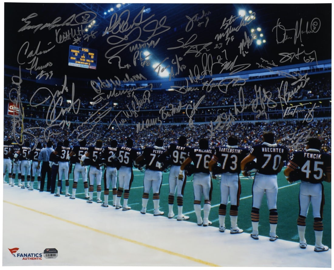 1985 Chicago Bears Team Signed 16x20 Photo with 30 Signatures Fanatics: 1985 Chicago Bears Team Signed 16x20 Photo with 30 Signatures Fanatics Commemorate the legendary 1985 Super Bowl XX champion Chicago Bears with this stunning 16x20-inch team-signed photo. This unique 