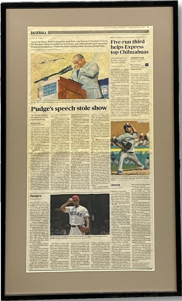 Ivan Pudge Rodriguez Autographed Original Newspaper 2017 HOF Speech with COA: Ivan Pudge Rodriguez Autographed Original Newspaper 2017 HOF Speech with COA This is an original newspaper featuring the Hall of Fame induction speech of Ivan "Pudge" Rodriguez, the legendary catcher 