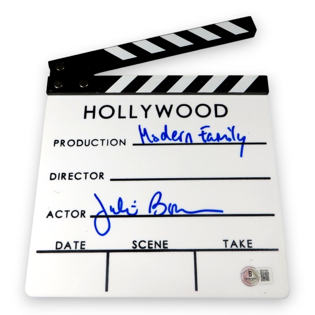 Julie Bowen Signed Movie Clapper Modern Family Beckett Authenticated: Julie Bowen Signed Movie Clapper Modern Family Beckett Authenticated This authentic movie clapper, signed by actress Julie Bowen, is a remarkable collectible for fans of the acclaimed series "Modern F