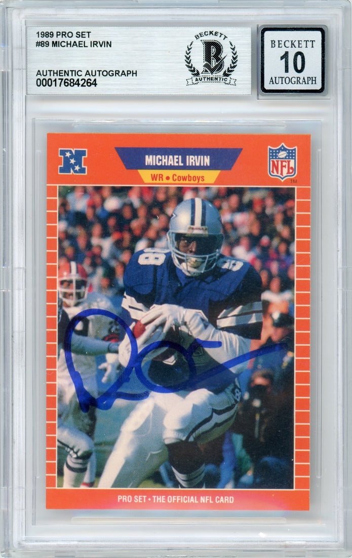 Michael Irvin 1989 Pro Set Rookie Card Autograph Grade 10 Dallas Cowboys: Michael Irvin 1989 Pro Set Rookie Card Autograph Grade 10 Dallas Cowboys This is an original 1989 Pro Set #89 Michael Irvin sports trading card featuring the Dallas Cowboys wide receiver. The card is 