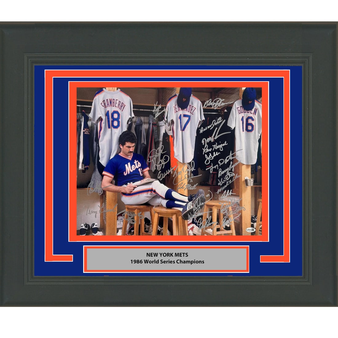 1986 Mets Team Signed 16x20 Framed Photo with 26 Autographs JSA Authenticated: 1986 Mets Team Signed 16x20 Framed Photo with 26 Autographs JSA Authenticated This is a professionally framed and matted 16x20 photograph autographed by the 1986 New York Mets team, featuring 26 signa