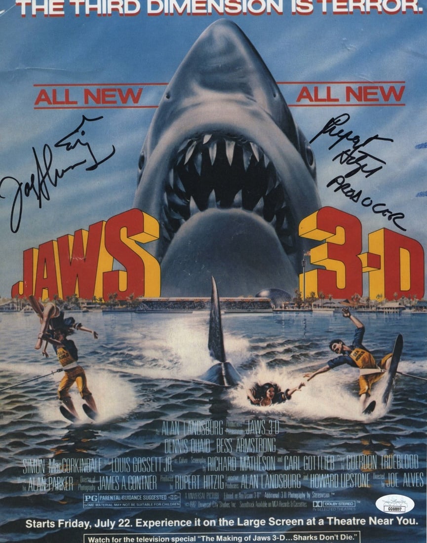 Joe Alves Rupert Hitzig Dual Signed 11x14 Photo Jaws 3-D JSA Authenticated: Joe Alves Rupert Hitzig Dual Signed 11x14 Photo Jaws 3-D JSA Authenticated This stunning 11X14 photograph features dual signatures from Joe Alves and Rupert Hitzig, both notable figures associated wit