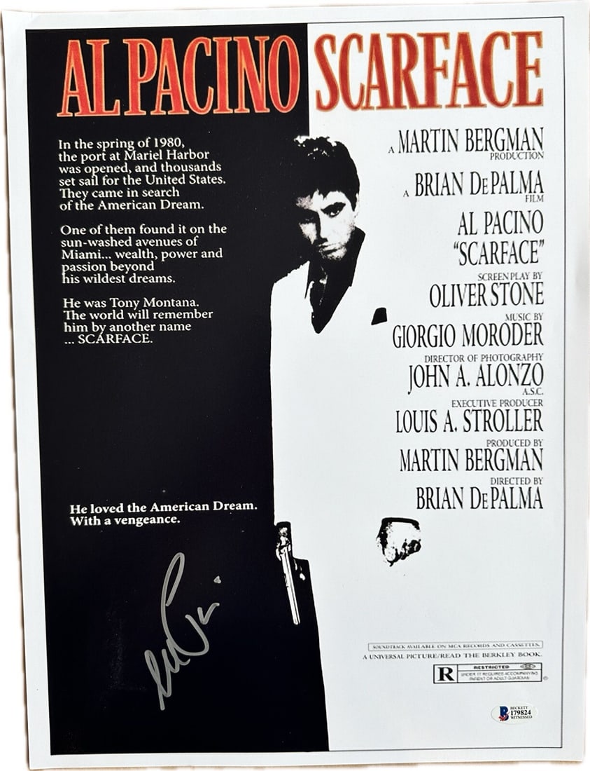 Al Pacino Signed Scarface Mini Poster 12x16 Beckett Certified: Al Pacino Signed Scarface Mini Poster 12x16 Beckett Certified This Al Pacino Scarface signed mini-poster measures 12x16 inches and features a striking silver signature from the legendary actor, Al Pac