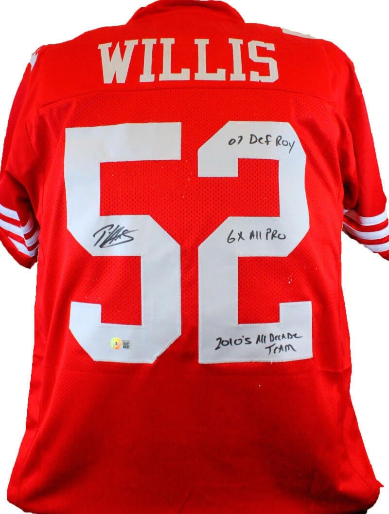 Patrick Willis Signed Red 49ers Jersey with 3 Inscriptions Beckett Authenticated: Patrick Willis Signed Red 49ers Jersey with 3 Inscriptions Beckett Authenticated This authentic red pro style jersey is signed by NFL star Patrick Willis, a legendary player for the San Francisco 49er