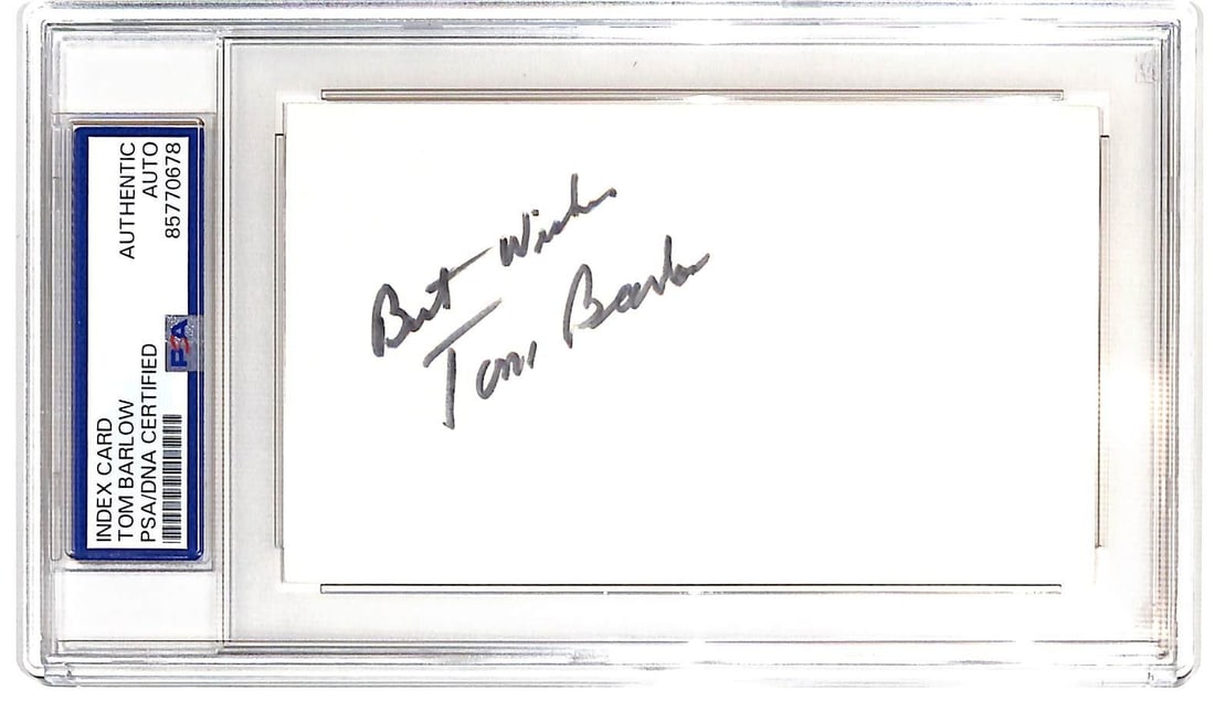 Tom Barlow Signed Index Card PSA Authenticated Philadelphia Warriors HOF: Tom Barlow Signed Index Card PSA Authenticated Philadelphia Warriors HOF This is an original 3 x 5 index card autographed by Tom Barlow, a Basketball Hall of Famer who played for the Philadelphia Warr