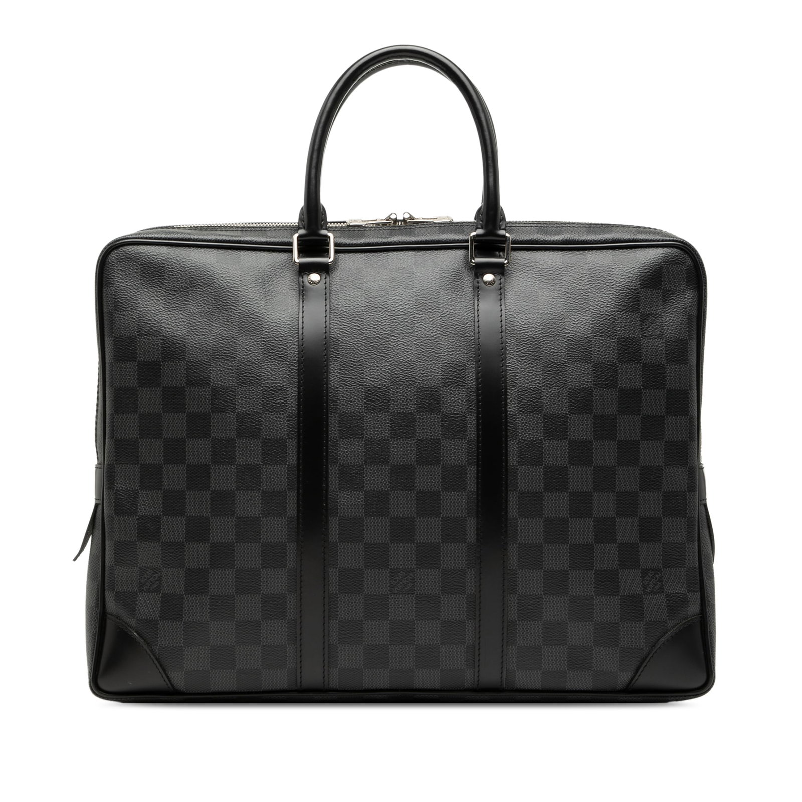 Louis Vuitton black Damier Graphite canvas briefcase with leather trim: Louis Vuitton black Damier Graphite canvas briefcase with leather trim The Louis Vuitton Damier Graphite Porte Documents Voyage PM features a damier canvas body with leather trim, rolled leather handl