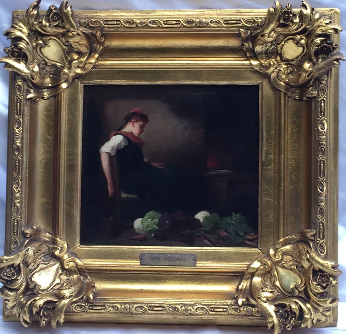 19th Century Oil Painting on Board by Michael Max: 19th Century Oil Painting on Board by Michael Max Discover this exquisite original 19th-century oil painting on board by the renowned German artist Michael Max (1823-1891). This captivating artwork de
