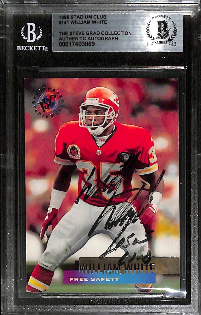 William White Signed 1995 Stadium Club #141 Card Beckett Authenticated: William White Signed 1995 Stadium Club #141 Card Beckett Authenticated This is a signed 1995 Stadium Club #141 sports trading card featuring William White, the former Free Safety for the Kansas City C