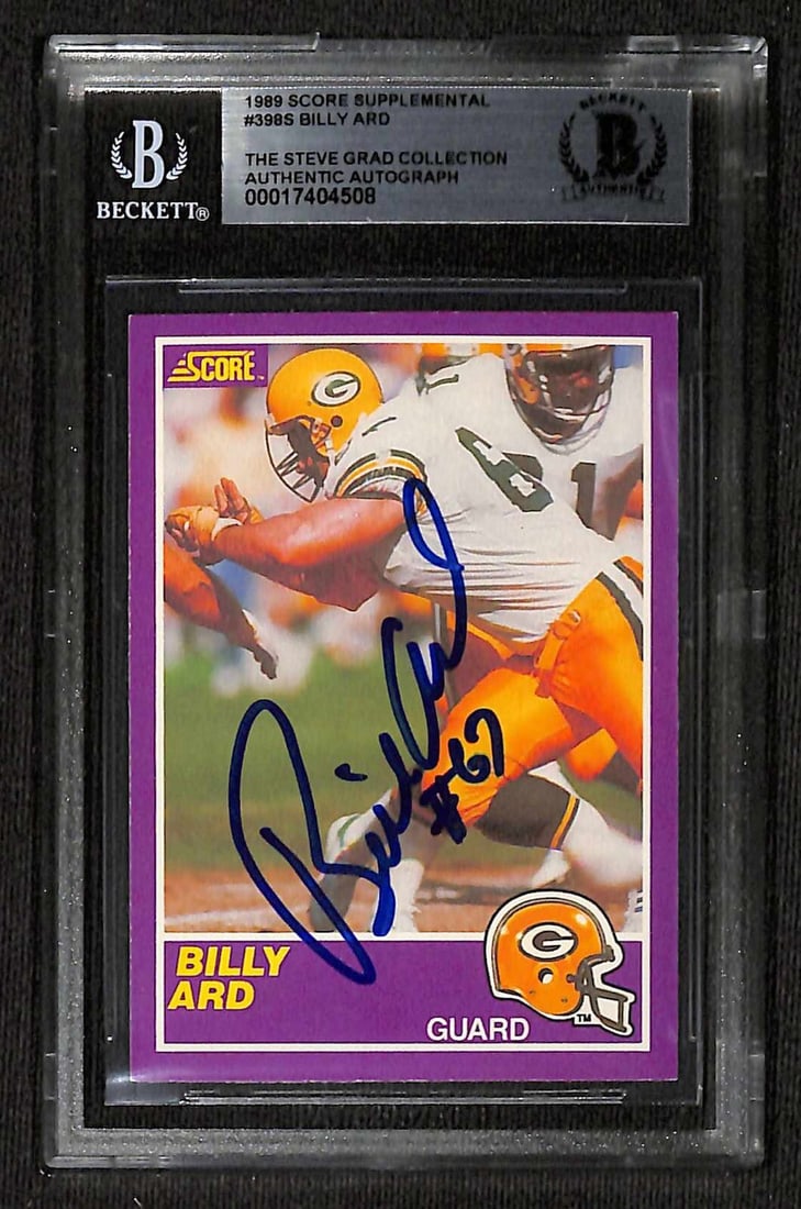 Billy Ard Signed 1989 Score Supplemental #398S Card Beckett Authenticated: Billy Ard Signed 1989 Score Supplemental #398S Card Beckett Authenticated This is an autographed 1989 Score Supplemental #398S sports trading card featuring Billy Ard, a guard for the Green Bay Packer