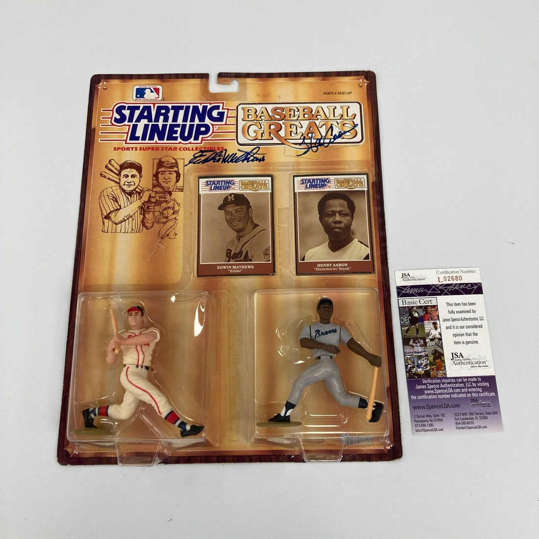 Hank Aaron Eddie Mathews Signed Starting Lineup Figure JSA COA: Hank Aaron Eddie Mathews Signed Starting Lineup Figure JSA COA This is a pre-owned Starting Lineup collectible featuring the signatures of baseball legends Hank Aaron and Eddie Mathews. The item comes