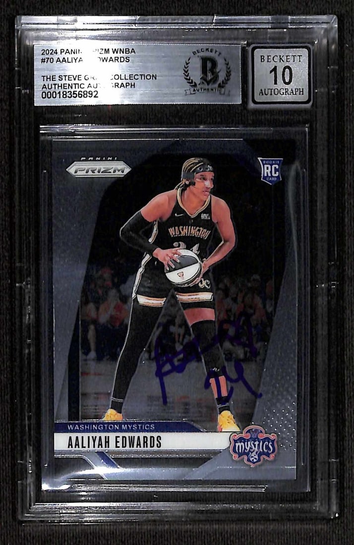 2024 Panini Prizm WNBA Aaliyah Edwards Rookie Card Beckett Auto 10: 2024 Panini Prizm WNBA Aaliyah Edwards Rookie Card Beckett Auto 10 This auction features the 2024 Panini Prizm WNBA Rookie Card #70, showcasing Aaliyah Edwards, the promising forward for the Washingto