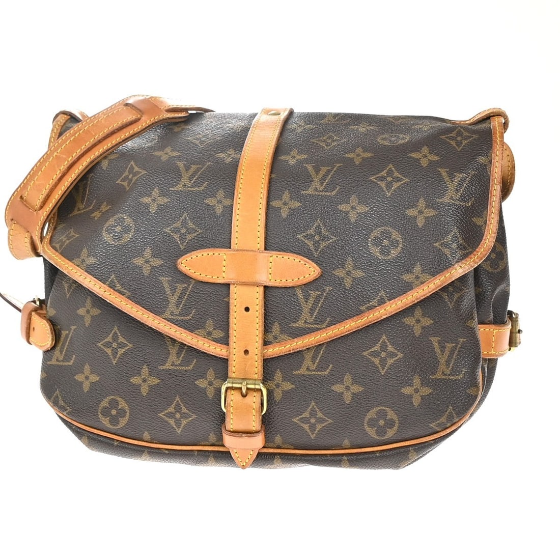 Saumur Monogram Canvas Shoulder Bag by Louis Vuitton: Saumur Monogram Canvas Shoulder Bag by Louis Vuitton This Louis Vuitton Saumur handbag features the iconic monogram canvas in brown and is designed for unisex use. The bag shows signs of wear, includi