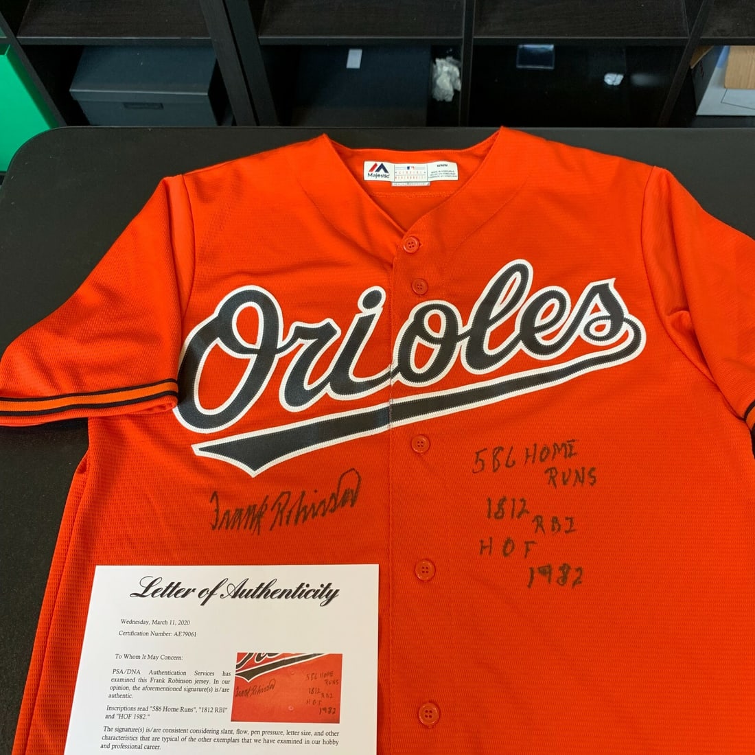 Baltimore Orioles Jersey Signed and Inscribed by Frank Robinson PSA DNA Authenticated: Baltimore Orioles Jersey Signed and Inscribed by Frank Robinson PSA DNA Authenticated This is a pre-owned Baltimore Orioles jersey signed and heavily inscribed with statistics by Frank Robinson. The a