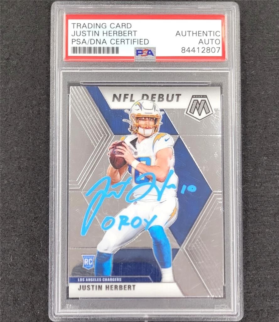 Justin Herbert 2020 OROY Signed Rookie Card PSA Autograph: Justin Herbert 2020 OROY Signed Rookie Card PSA Autograph This is a 2020 Panini Mosaic #263 rookie card of Justin Herbert, featuring a hard-signed autograph. The card is an original and highlights Her