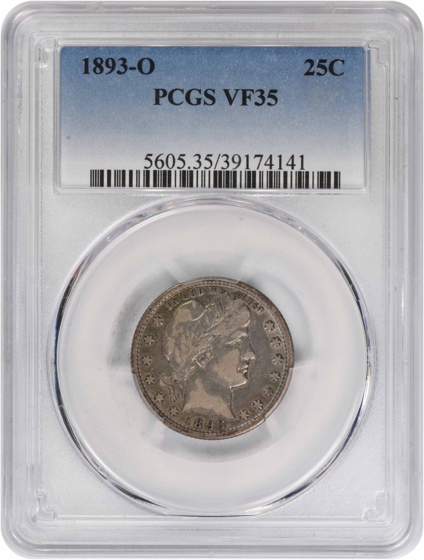 PCGS VF35 1893-O Barber Quarter 90 Percent Silver New Orleans Mint: PCGS VF35 1893-O Barber Quarter 90 Percent Silver New Orleans Mint This is an 1893-O Barber Silver Quarter graded VF35 by PCGS. Minted in New Orleans, this pre-owned coin features a composition of 90%