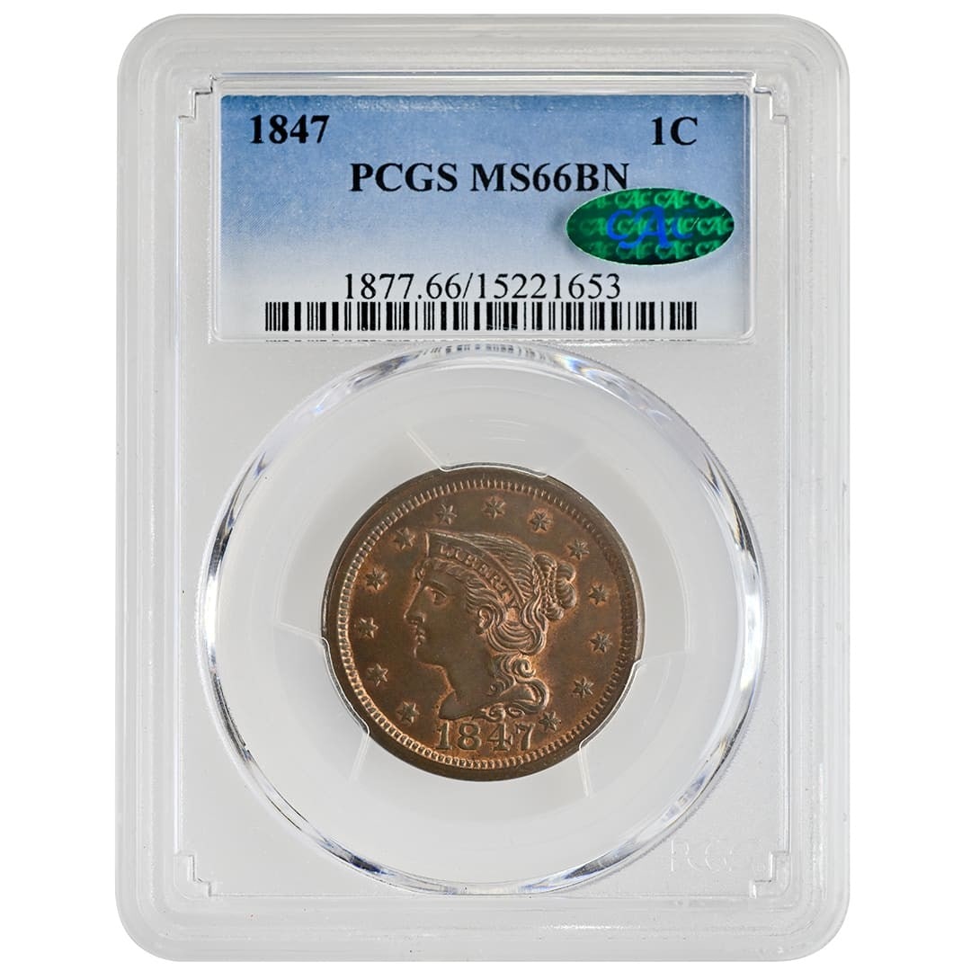 PCGS MS66BN CAC 1847 Braided Hair One Cent Copper Coin: PCGS MS66BN CAC 1847 Braided Hair One Cent Copper Coin This is an 1847 Braided Hair Cent from the United States, graded MS66BN by PCGS and verified by CAC. The coin is uncirculated and was minted in P