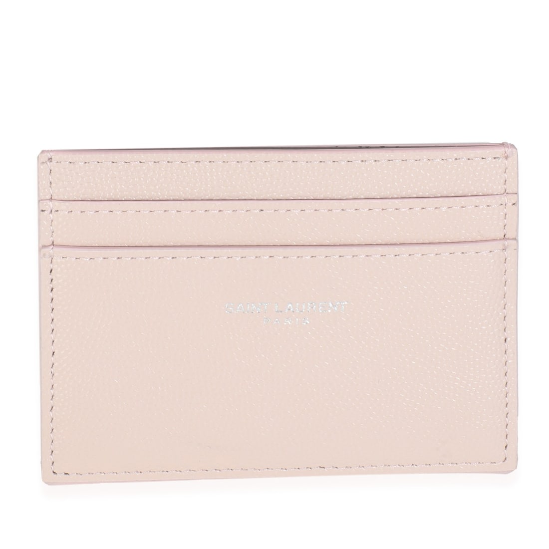 Saint Laurent Grain De Poudre Leather Pink Credit Card Wallet: Saint Laurent Grain De Poudre Leather Pink Credit Card Wallet This Saint Laurent credit card case is crafted from light pink grain de poudre leather and features an open top design. The compact case i