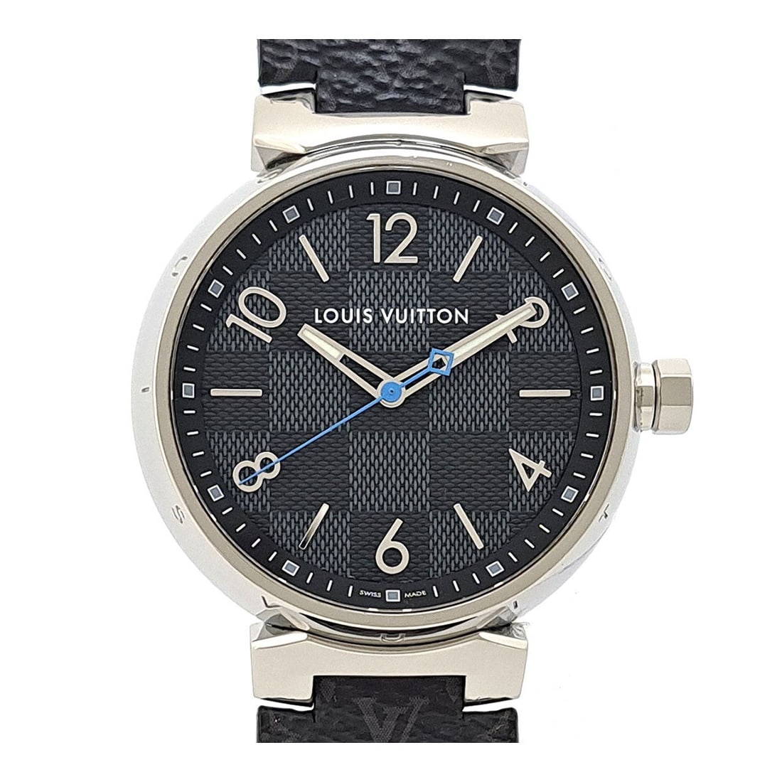 Louis Vuitton Tambour Damier Graphite Quartz Men's Wristwatch QA073: Louis Vuitton Tambour Damier Graphite Quartz Men's Wristwatch QA073 This Louis Vuitton Tambour Damier Graphite QA073 is a men's wristwatch featuring a stainless steel case and a leather band with stai