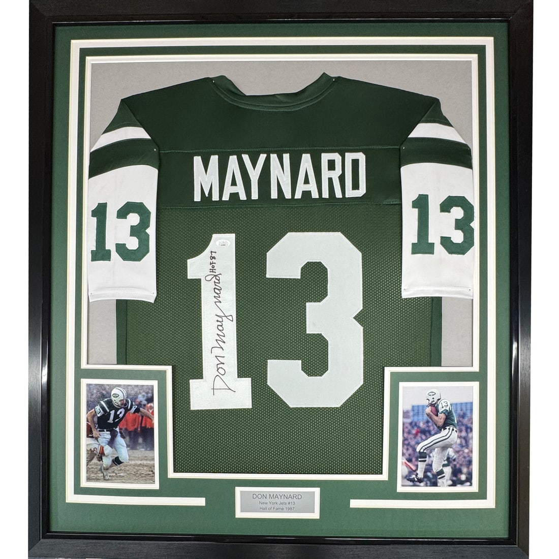 Framed Don Maynard Autographed Jersey HOF 87 New York Jets JSA COA: Framed Don Maynard Autographed Jersey HOF 87 New York Jets JSA COA Celebrate the legacy of NFL Hall of Famer Don Maynard with this stunning framed autographed New York Jets green jersey. This original