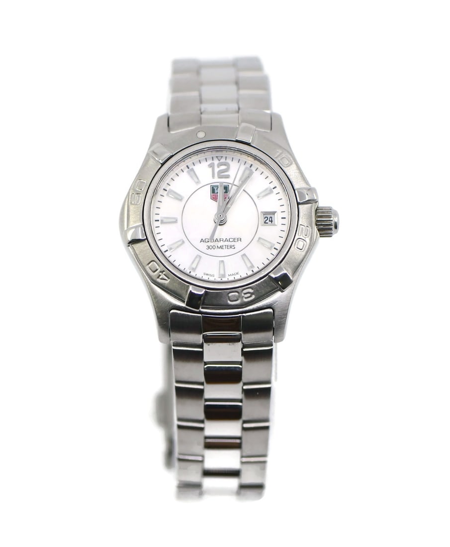 TAG Heuer Aquaracer WAF1412 Stainless Steel Watch with Mother of Pearl Dial: TAG Heuer Aquaracer WAF1412 Stainless Steel Watch with Mother of Pearl Dial Discover the elegance of the TAG Heuer Aquaracer Stainless Steel Watch, model reference WAF1412. This exquisite wristwatch f