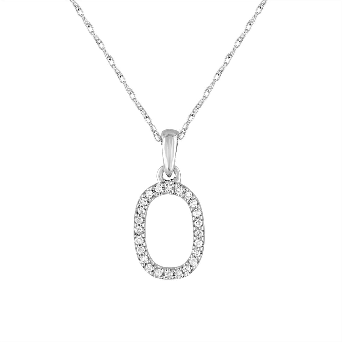Sabrina Designs Co. 14K White Gold O Initial Diamond Necklace 0.06ct: Sabrina Designs Co. 14K White Gold O Initial Diamond Necklace 0.06ct This pre-owned initial necklace features the letter "O" adorned with diamonds set in 14K white gold. The necklace has a total diamo