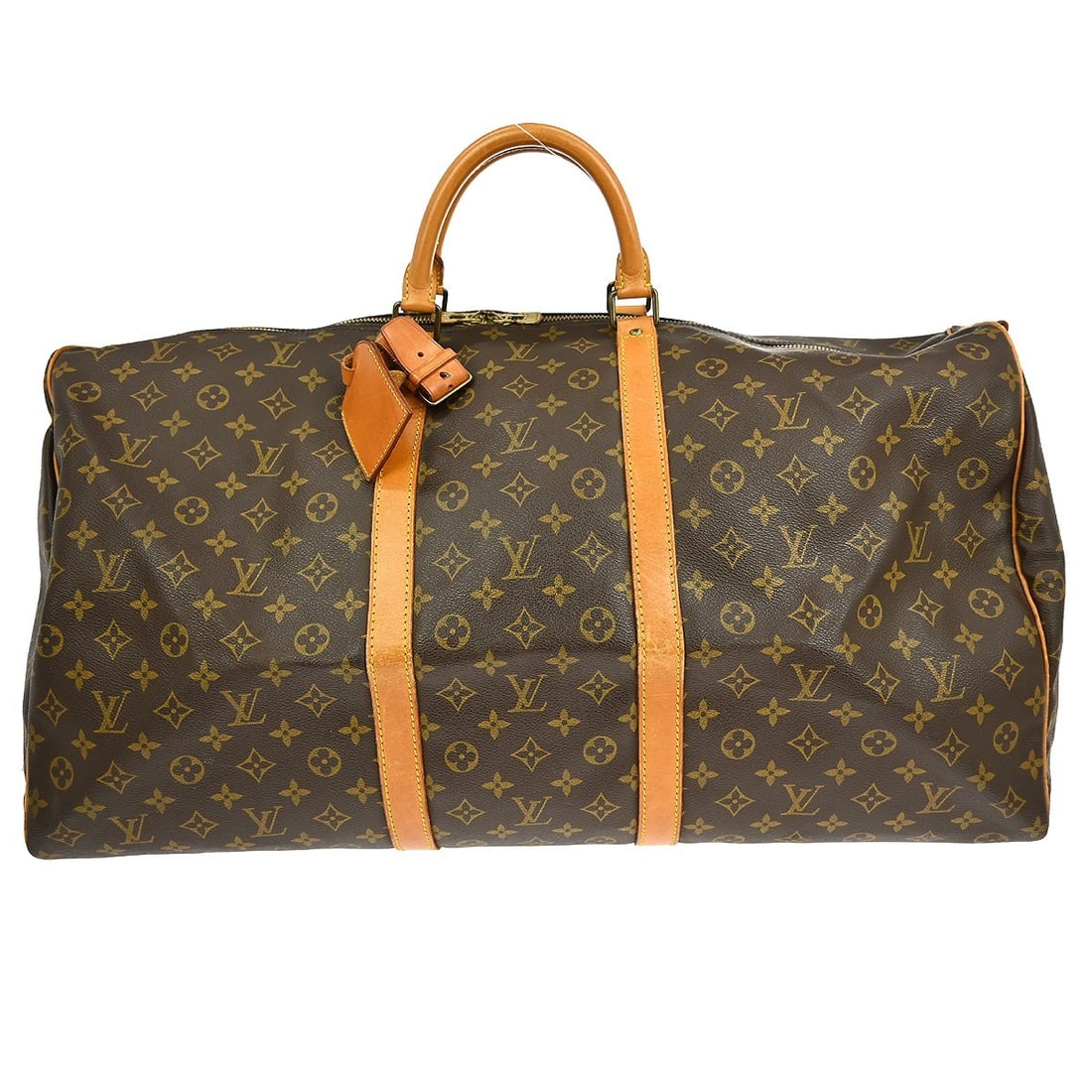 Louis Vuitton Monogram Canvas Keepall Travel Duffel Bag 60cm: Louis Vuitton Monogram Canvas Keepall Travel Duffel Bag 60cm This Louis Vuitton Keepall Bag features the iconic Monogram canvas in brown, designed for unisex use. The bag is in fair, used condition an