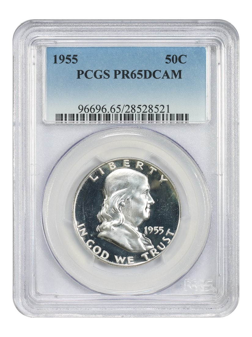 PCGS PR65DCAM 1955 Franklin Half Dollar 50C: PCGS PR65DCAM 1955 Franklin Half Dollar 50C This 1955 Franklin Half Dollar is a proof strike graded PR65DCAM by PCGS, indicating a Deep Cameo finish and high-quality preservation. With a mintage of on