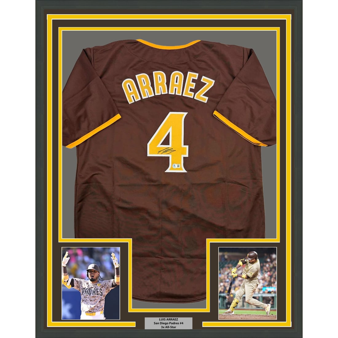 Framed Autographed Luis Arraez San Diego Padres Jersey with Beckett COA: Framed Autographed Luis Arraez San Diego Padres Jersey with Beckett COA This professionally framed autographed jersey features the signature of MLB player Luis Arraez, showcasing his affiliation with 