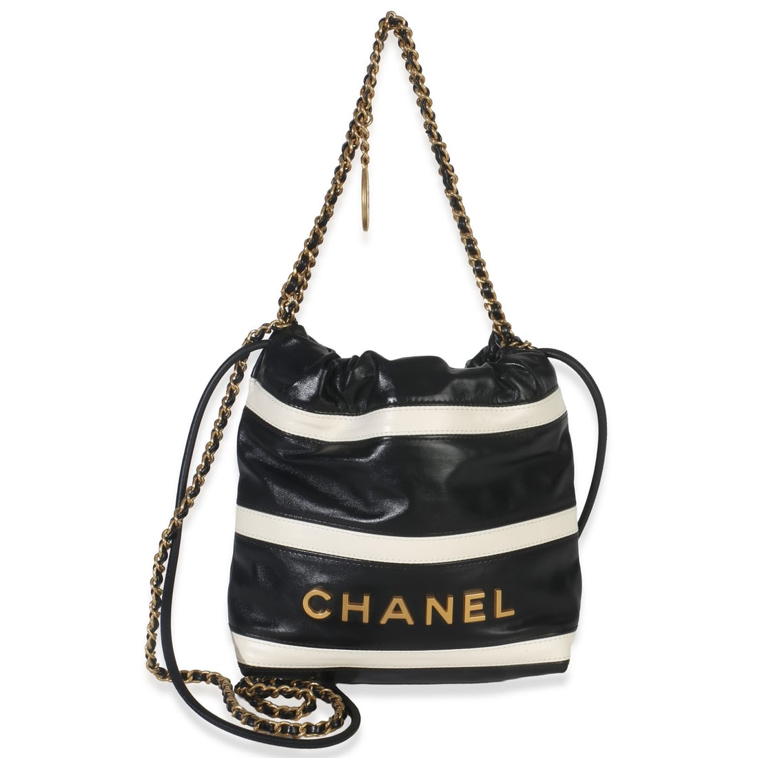 Chanel Mini 22 Shiny Calfskin Striped Shoulder Bag Black White: Chanel Mini 22 Shiny Calfskin Striped Shoulder Bag Black White This Chanel Mini Chanel 22 Hobo is crafted from black and white shiny quilted calfskin leather with a striped design. The bag features a 