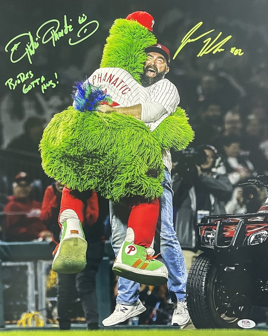 16x20 Photo Signed by Jason Kelce and Phanatic PSA DNA Witness Eagles Phillies: 16x20 Photo Signed by Jason Kelce and Phanatic PSA DNA Witness Eagles Phillies This 16x20 photo features dual signatures from Jason Kelce and the Phillies Phanatic, commemorating the Philadelphia Eagl