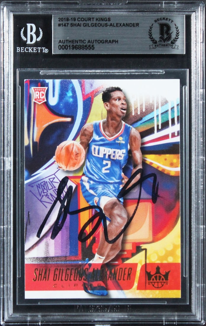 Beckett Authenticated Shai Gilgeous-Alexander Court Kings Rookie Autograph Card: Beckett Authenticated Shai Gilgeous-Alexander Court Kings Rookie Autograph Card This is a 2018 Court Kings #147 rookie card featuring Shai Gilgeous-Alexander of the Los Angeles Clippers. The card has 