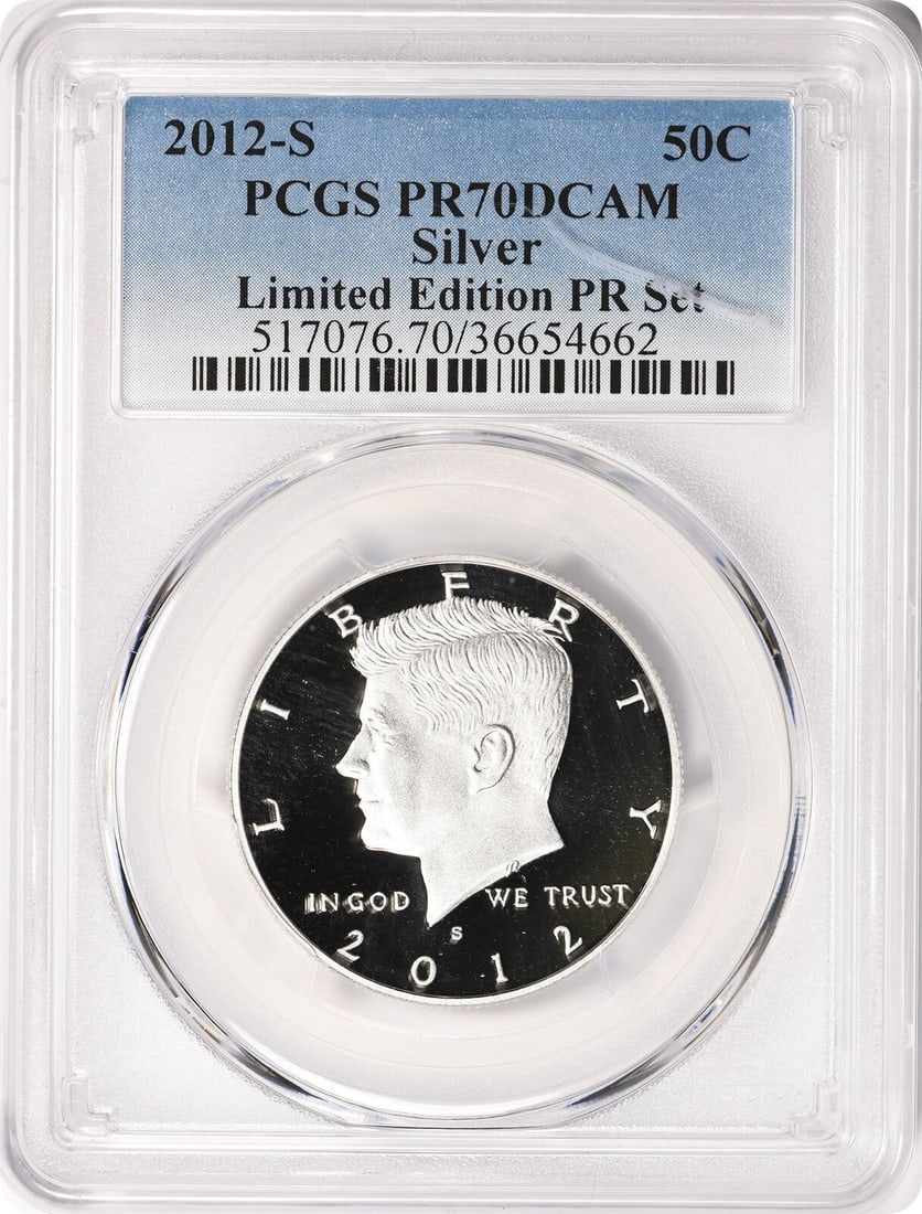 PCGS PR70DCAM 2012-S Kennedy Silver Half Dollar Limited Edition: PCGS PR70DCAM 2012-S Kennedy Silver Half Dollar Limited Edition This 2012-S Silver Kennedy Half Dollar is part of the Limited Edition Proof Set. Graded PR70DCAM by PCGS, this coin features a proof str