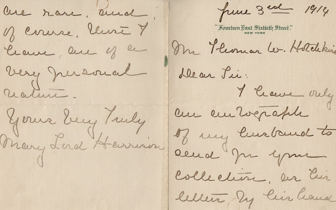 Mary Lord Harrison Signed Letter 1914 JSA Authenticated: Mary Lord Harrison Signed Letter 1914 JSA Authenticated This is an original personal letter signed by Mary Lord Harrison, dating back to 1914. The letter comes with authentication from James Spence (J