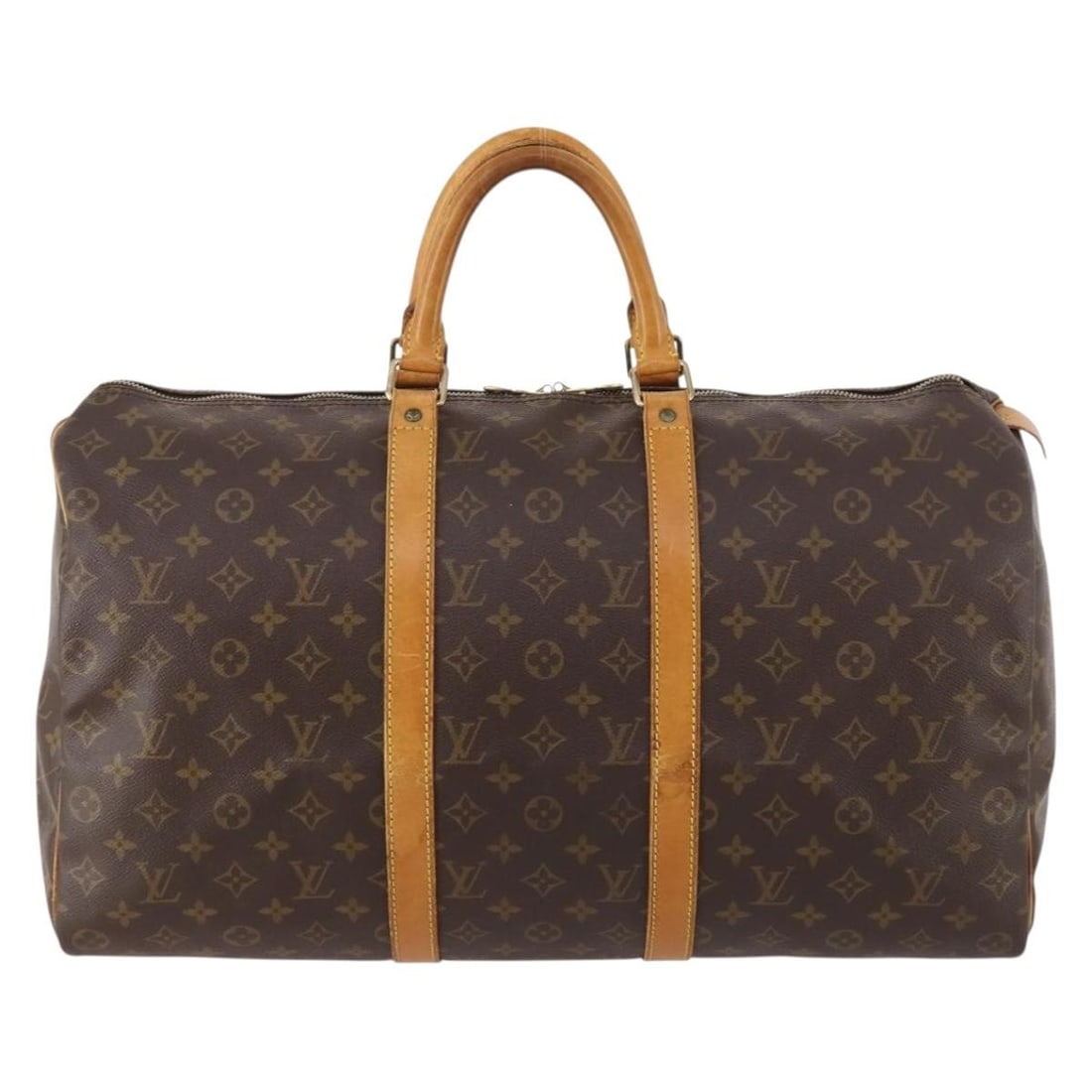 Keepall Monogram Canvas Travel Bag by Louis Vuitton Unisex Brown 50cm: Keepall Monogram Canvas Travel Bag by Louis Vuitton Unisex Brown 50cm This Louis Vuitton Keepall Bag features the iconic Monogram Canvas in brown, designed for unisex use. The bag shows signs of wear,