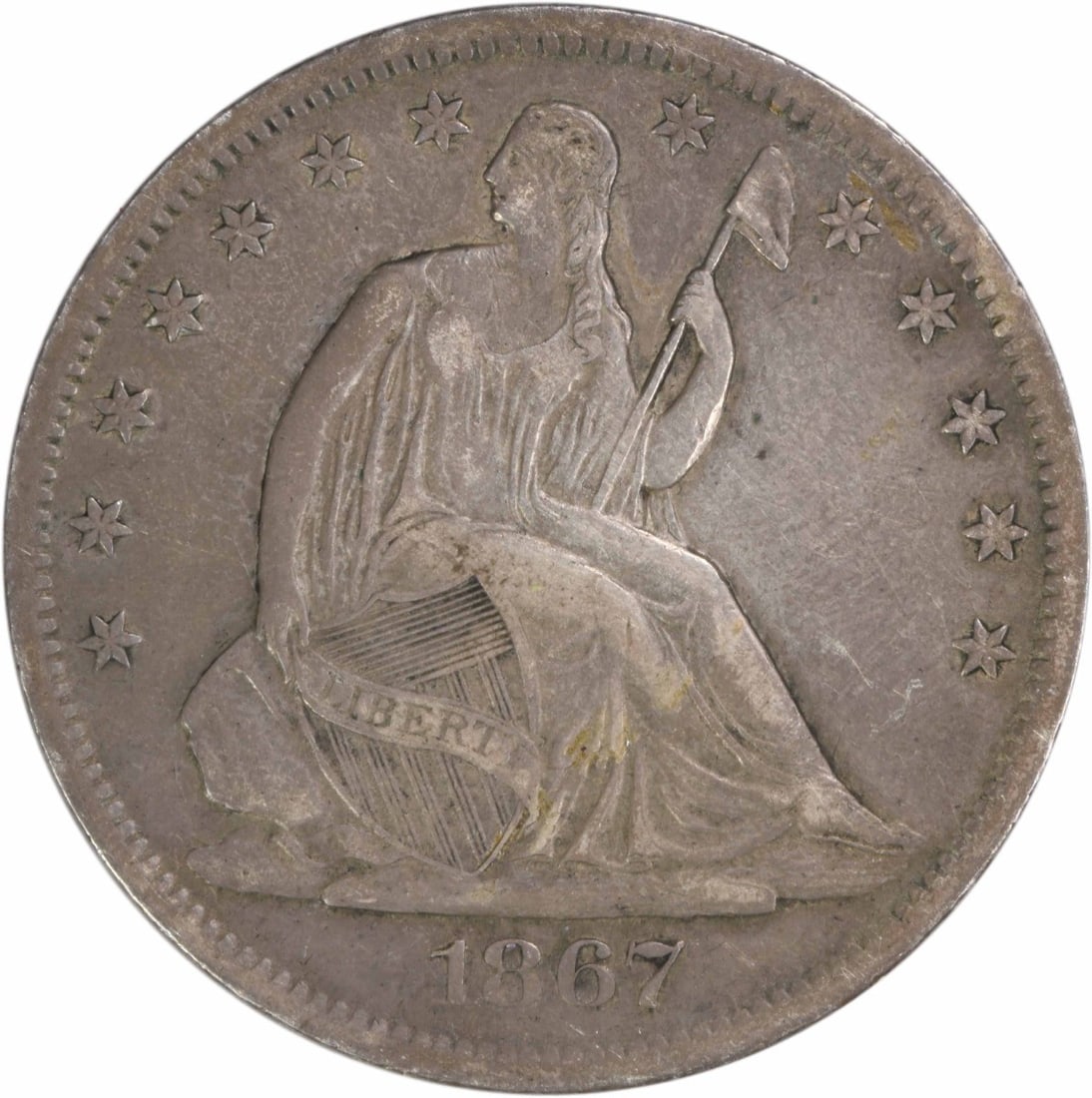 1867-S Liberty Seated Half Dollar 50C Uncertified Silver Coin: 1867-S Liberty Seated Half Dollar 50C Uncertified Silver Coin This 1867-S Liberty Seated Silver Half Dollar is a fine example of numismatic history. Struck in San Francisco, this coin features a compo