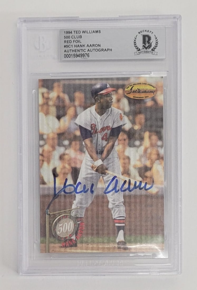 Hank Aaron 1994 Ted Williams 500 Club Signed LE Card BGS 288/755: Hank Aaron 1994 Ted Williams 500 Club Signed LE Card BGS 288/755 This is a Hank Aaron signed 1994 Ted Williams 500 Club Limited Edition baseball card, numbered 288 out of 755. It celebrates Hank Aaron