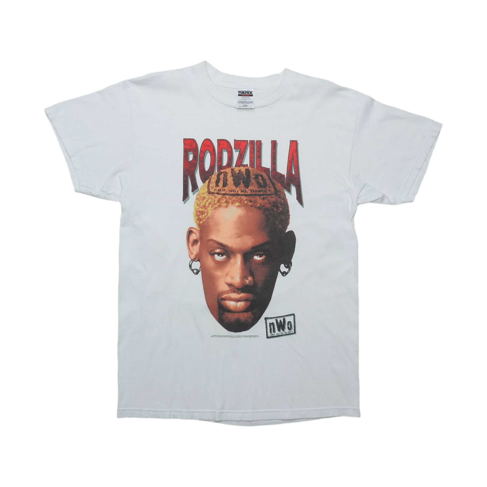 White 1998 Dennis Rodman nWo Rodzilla Cotton Shirt Large: White 1998 Dennis Rodman nWo Rodzilla Cotton Shirt Large This is an original vintage 1998 Dennis Rodman "Rodzilla" nWo shirt. It is a true vintage piece from the 1990s, not a modern reproduction. The 