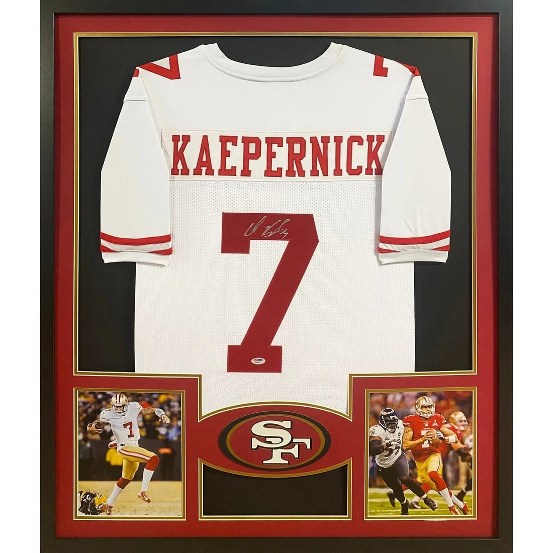 Framed San Francisco 49ers Jersey Signed by Colin Kaepernick with PSA/DNA COA: Framed San Francisco 49ers Jersey Signed by Colin Kaepernick with PSA/DNA COA This is a framed San Francisco 49ers jersey autographed by Colin Kaepernick. The jersey comes authenticated by PSA/DNA and