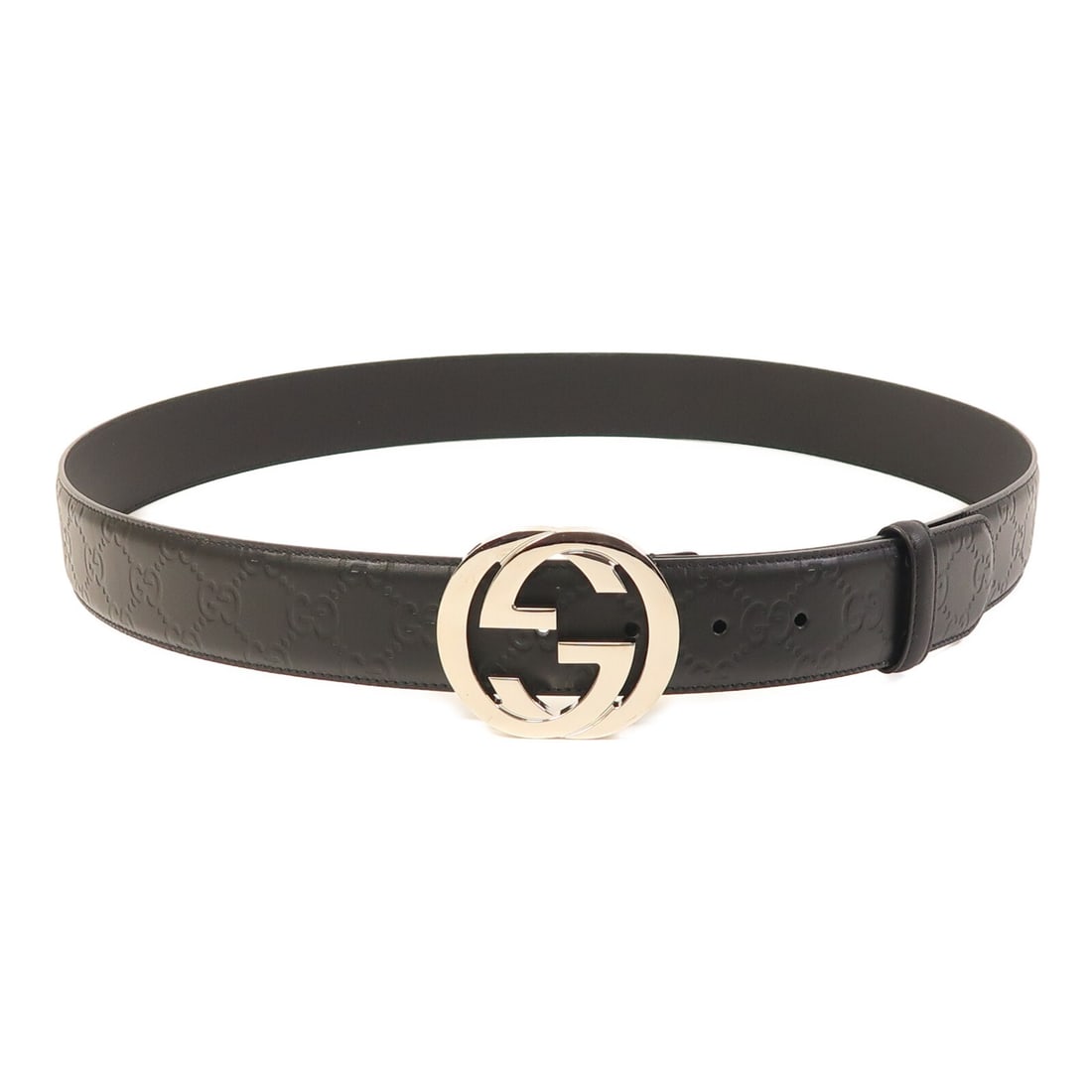 Black Calfskin Leather Gucci GG Silver Hardware Belt 411924: Black Calfskin Leather Gucci GG Silver Hardware Belt 411924 This GUCCI belt is crafted from high-quality black calfskin leather and features signature GG silver hardware. Made in Italy, it offers a cl