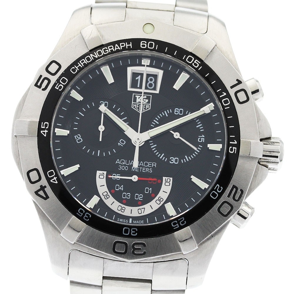 TAG Heuer Aquaracer Quartz Chronograph Date Men's Steel Watch: TAG Heuer Aquaracer Quartz Chronograph Date Men's Steel Watch This TAG Heuer Aquaracer Grand Date Quartz men's wristwatch, model CAF101A.BA0821, features a stainless steel case and bracelet with a bla