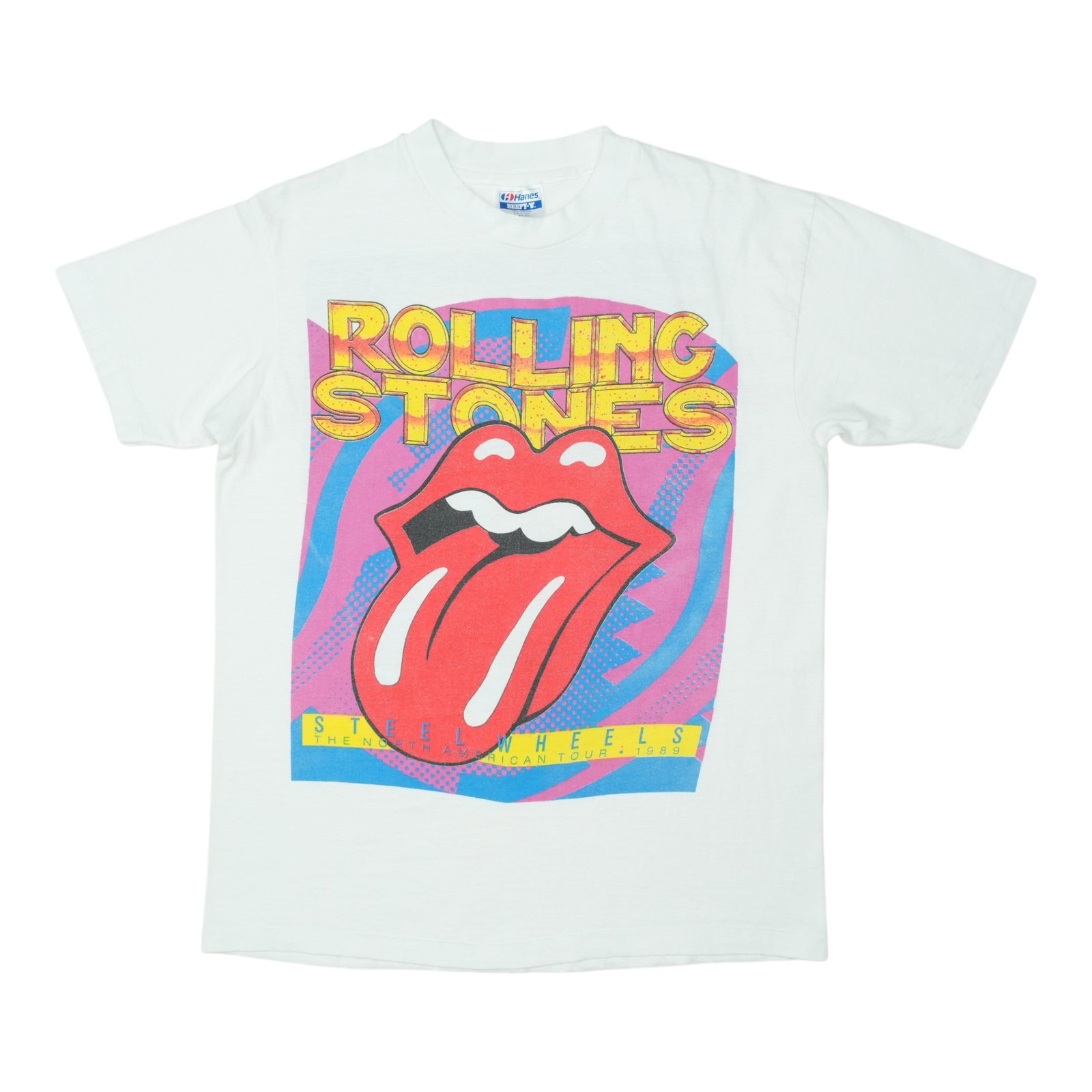 Vintage 1989 Steel Wheels Tour T Shirt Rolling Stones Original White Cotton: Vintage 1989 Steel Wheels Tour T Shirt Rolling Stones Original White Cotton This is an original vintage 1989 Rolling Stones Steel Wheels Tour shirt featuring front and back graphics. Made from 100% co
