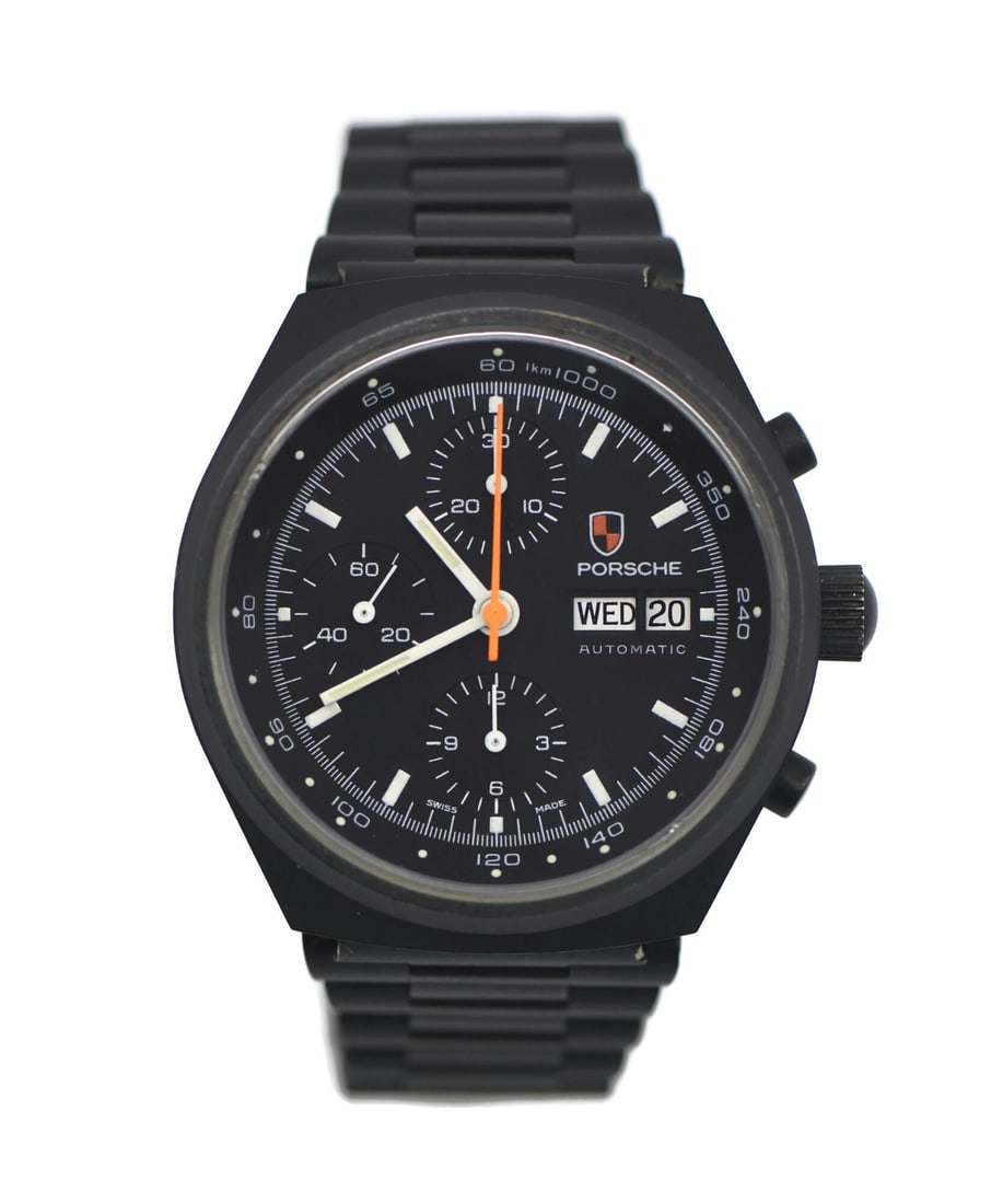 Porsche Design Black PVD Chronograph Stainless Steel Wristwatch: Porsche Design Black PVD Chronograph Stainless Steel Wristwatch This Porsche Design Chronograph wristwatch features a black PVD-coated stainless steel case and bracelet, offering a sleek and sporty lo