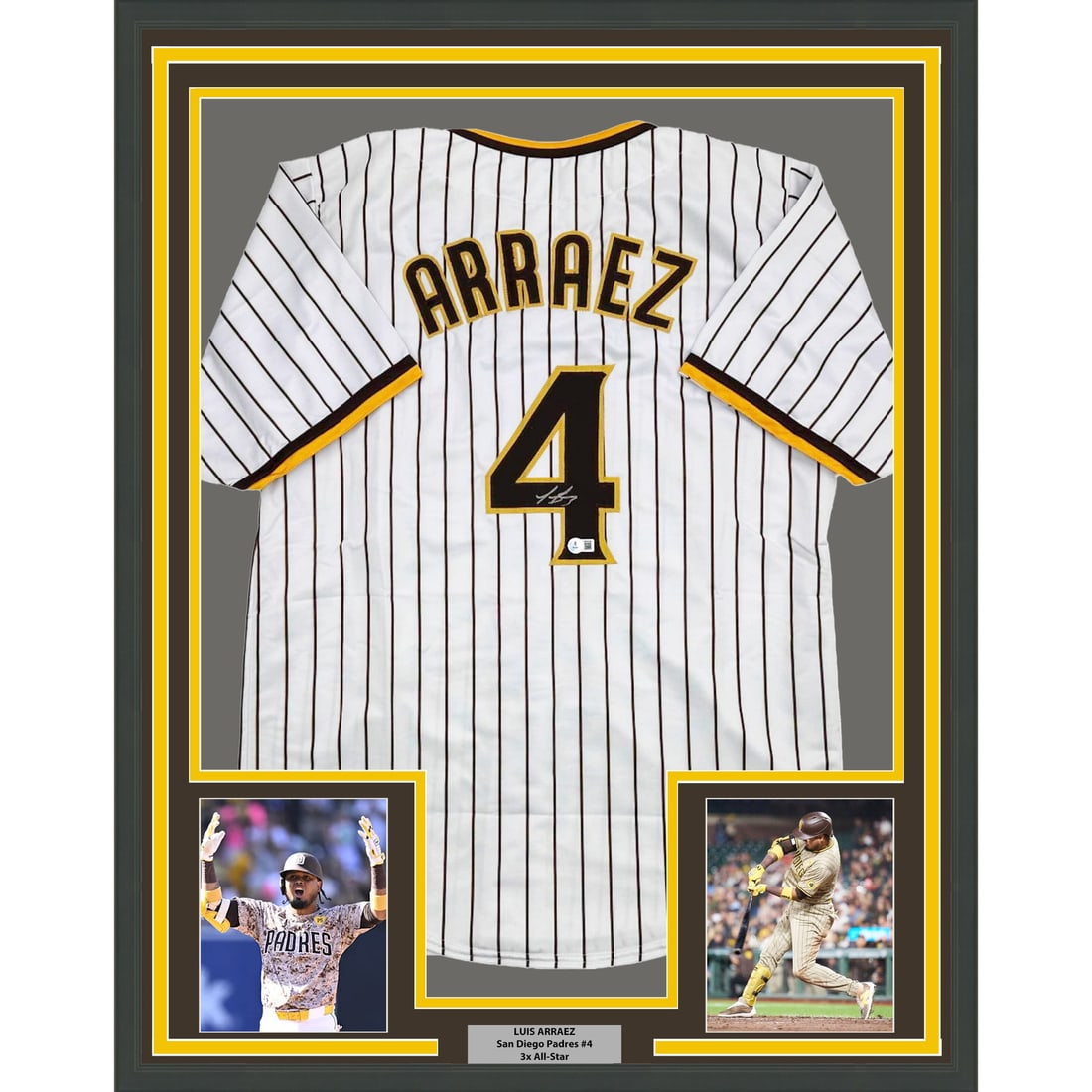 Framed Luis Arraez Autographed San Diego Padres Jersey with BAS COA: Framed Luis Arraez Autographed San Diego Padres Jersey with BAS COA This professionally framed and matted jersey features the autograph of MLB player Luis Arraez, showcasing his signed San Diego Padre