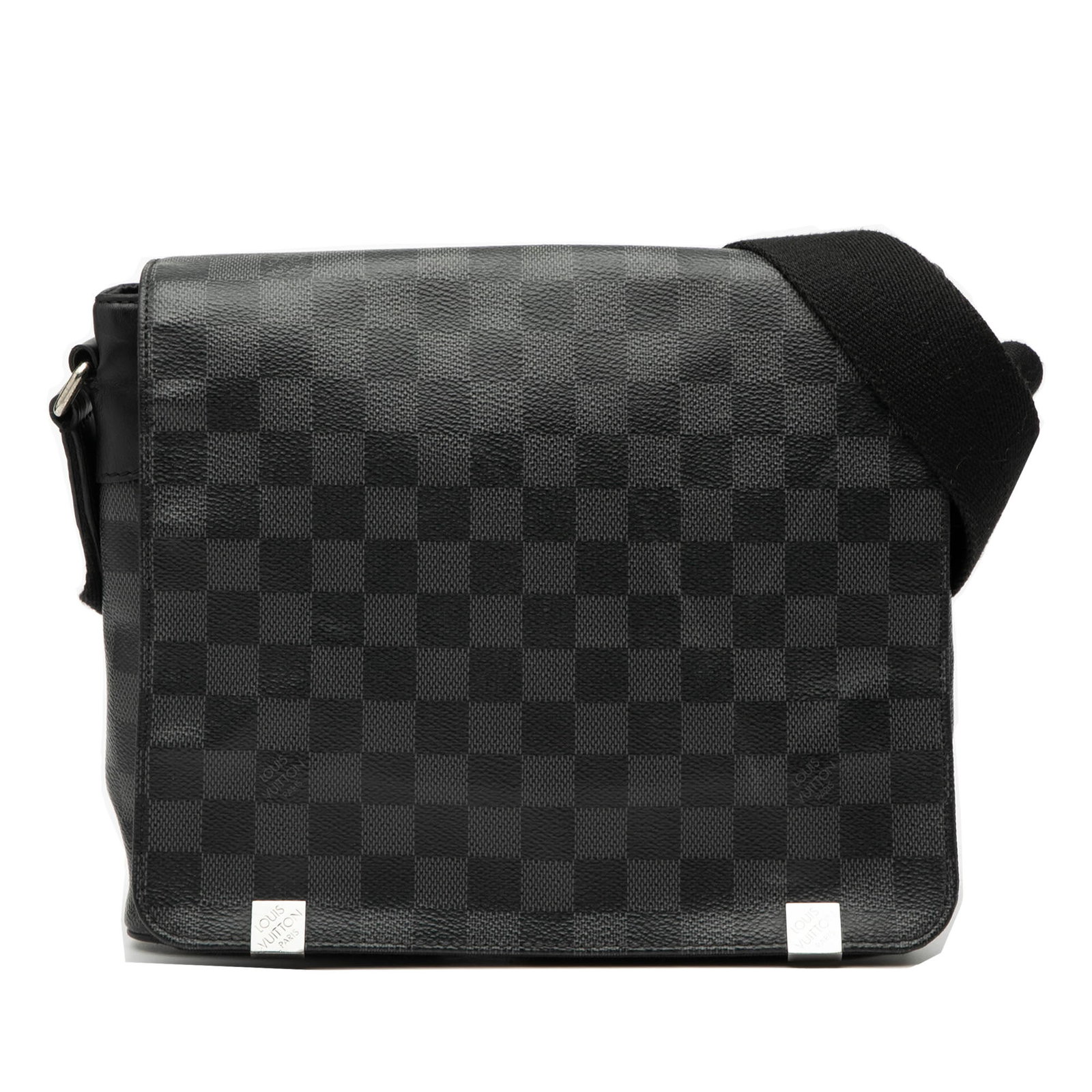 Damier Graphite Canvas District PM Shoulder Bag by Louis Vuitton: Damier Graphite Canvas District PM Shoulder Bag by Louis Vuitton The Louis Vuitton Damier Graphite District PM features the iconic Damier Graphite canvas with leather trim, an adjustable flat shoulder