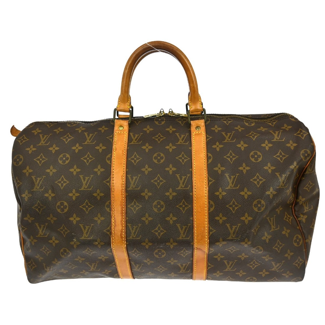 Keepall Monogram Canvas Travel Bag by Louis Vuitton: Keepall Monogram Canvas Travel Bag by Louis Vuitton This Louis Vuitton Keepall Bag features the iconic monogram canvas in brown, designed for unisex use. The bag shows signs of previous use, including