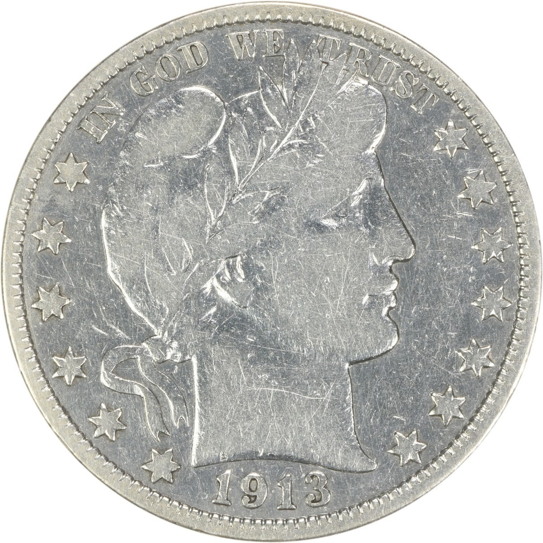 1913 Barber Half Dollar 90 Percent Silver Coin Fine Grade Uncertified: 1913 Barber Half Dollar 90 Percent Silver Coin Fine Grade Uncertified This 1913 Barber Half Dollar was struck in Philadelphia and features a design by Charles E. Barber. Composed of 90% silver and 10%