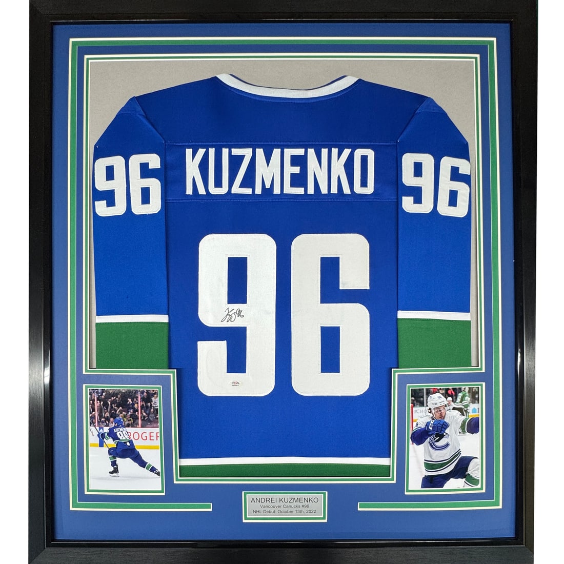 Framed Andrei Kuzmenko Signed Jersey PSA/DNA Vancouver Canucks: Framed Andrei Kuzmenko Signed Jersey PSA/DNA Vancouver Canucks Celebrate your passion for hockey with this framed autographed Andrei Kuzmenko blue jersey, featuring the Vancouver Canucks star's signat
