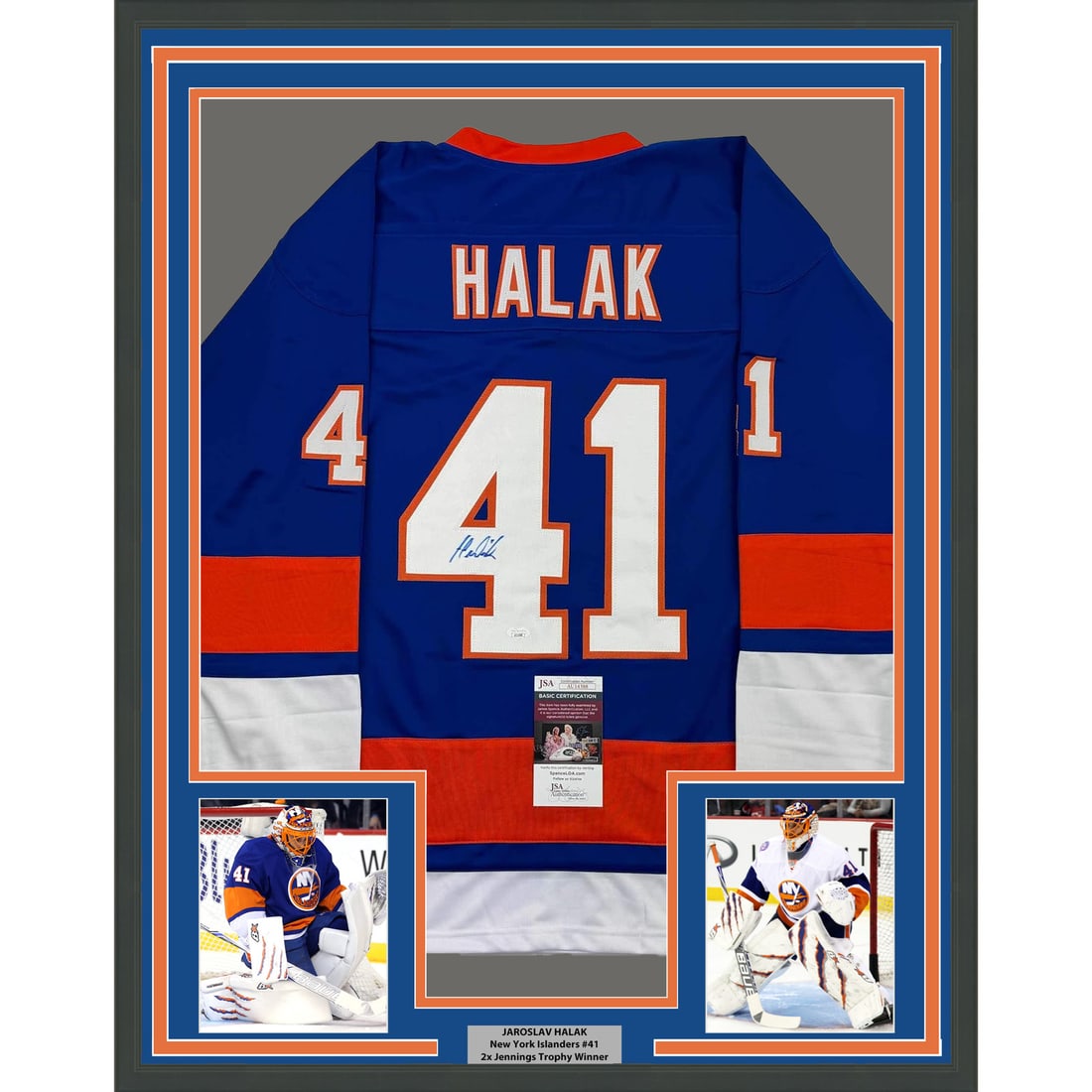 Framed Autographed Jaroslav Halak New York Islanders Jersey with JSA COA: Framed Autographed Jaroslav Halak New York Islanders Jersey with JSA COA This professionally framed and matted display features an autographed New York Islanders jersey by Jaroslav Halak, an NHL athle