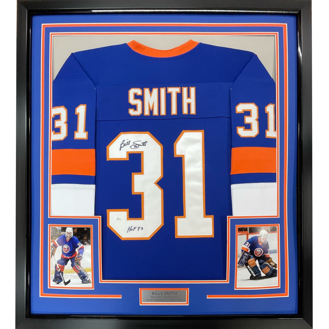 Framed Autographed Billy Smith New York Islanders Jersey JSA COA: Framed Autographed Billy Smith New York Islanders Jersey JSA COA This professionally framed and matted jersey celebrates the legendary Billy Smith of the New York Islanders, a true gem for any hockey 