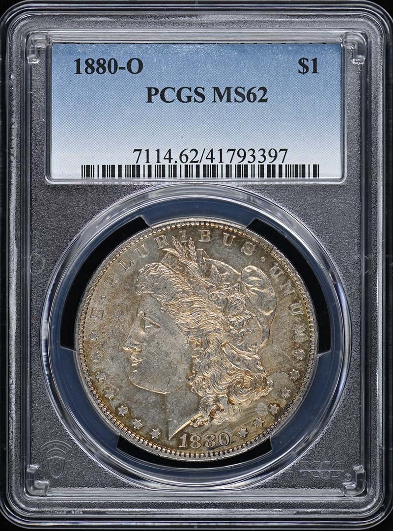 PCGS MS62 1880-O Morgan Silver Dollar: PCGS MS62 1880-O Morgan Silver Dollar This 1880-O Morgan Dollar is a United States silver dollar minted in New Orleans. Graded MS62 by PCGS, this uncirculated coin is in pre-owned condition and featur